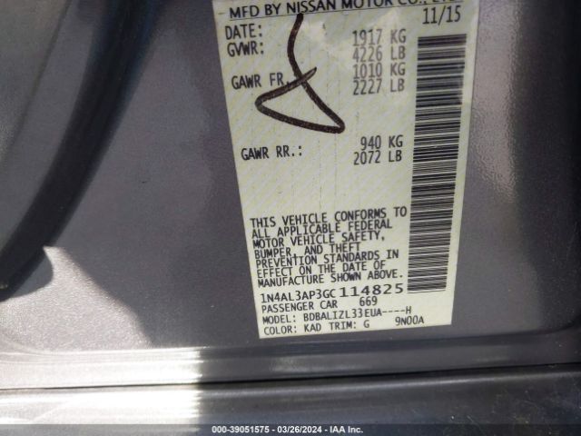 1N4AL3AP3GC114825 Nissan Altima 2.5/s/sv/sl/sr