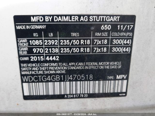 WDCTG4GB1JJ470518 Mercedes-Benz Gla 250 4matic