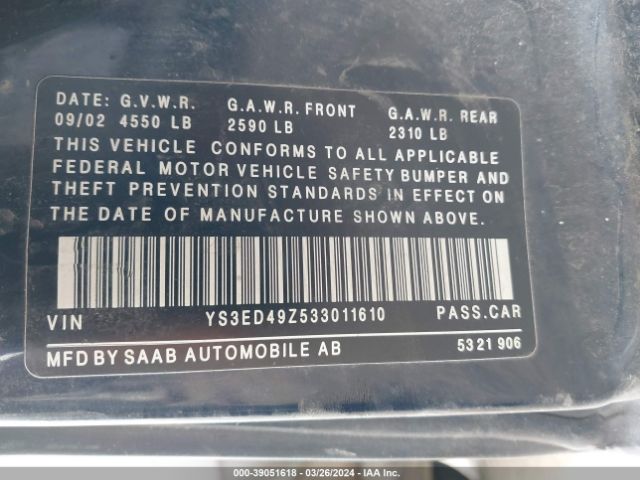 2003 SAAB 9-5 YS3ED49Z533011610 Photo 8