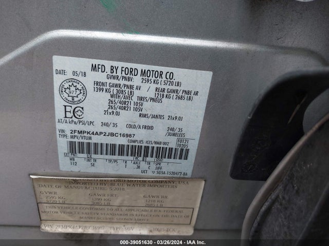 Ford EDGE SPORT 2018 2FMPK4AP2JBC16987 Image 9