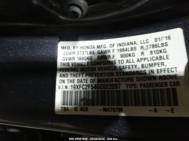 Honda Civic Lx 2016 19XFC2F54GE022097 Image 9