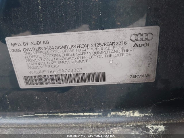 39051712 :رقم المزاد ، WAUMF78P16A003323 vin ، 2006 Audi A3 2.0t مزاد بيع