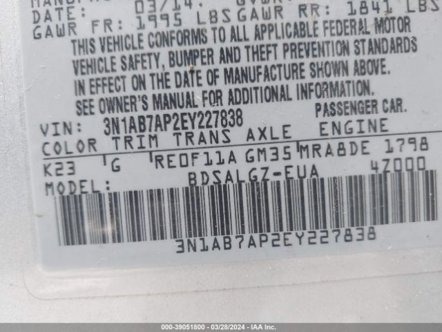 3N1AB7AP2EY227838 Nissan SENTRA SL