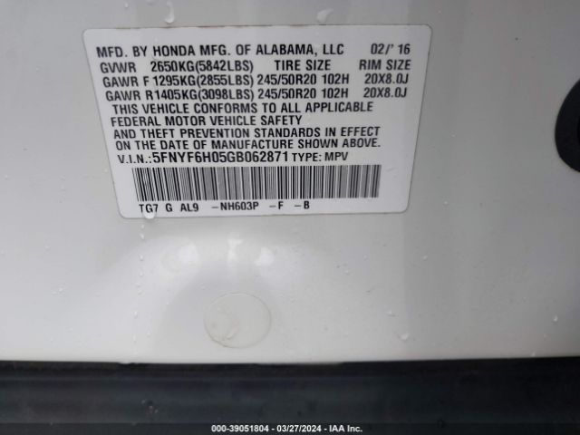 5FNYF6H05GB062871 Honda Pilot Elite