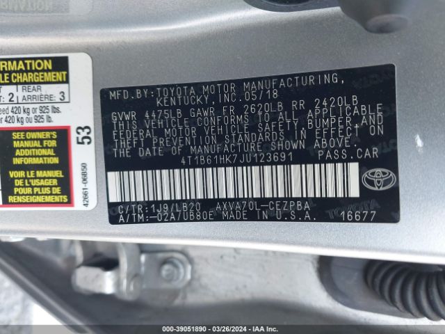 4T1B61HK7JU123691 Toyota CAMRY XSE