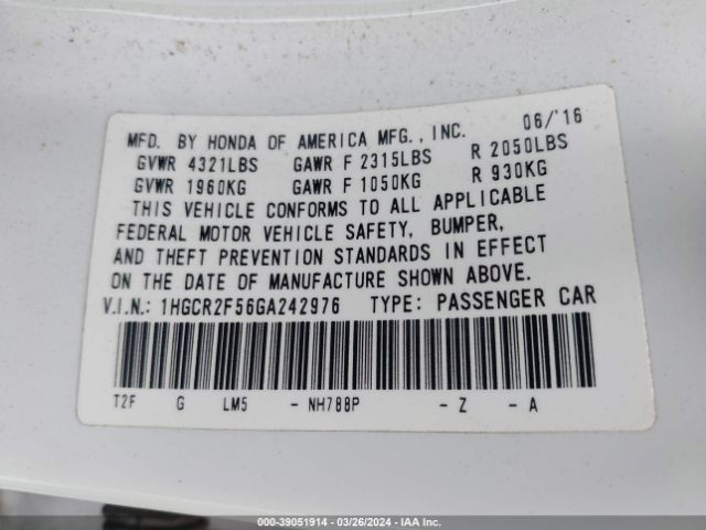 1HGCR2F56GA242976 Honda Accord Sport