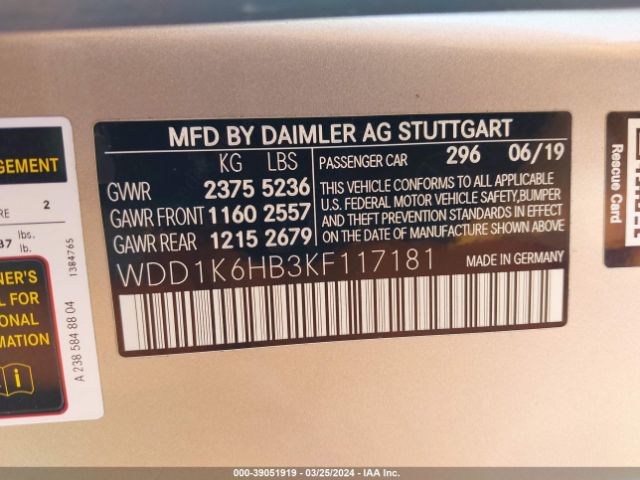 WDD1K6HB3KF117181 Mercedes-Benz E 450