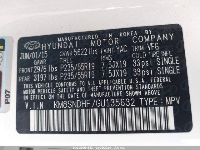 KM8SNDHF7GU135632 Hyundai Santa Fe Limited