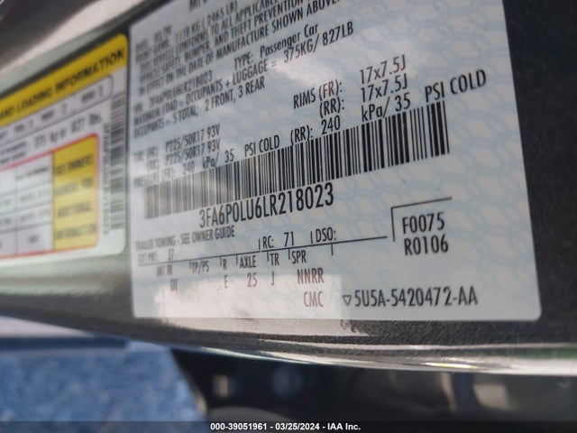 Ford Fusion Hybrid Se 2020 3FA6P0LU6LR218023 Image 9
