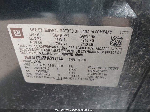 Chevrolet EQUINOX LT 2017 2GNALCEK9H6217144 Image 9