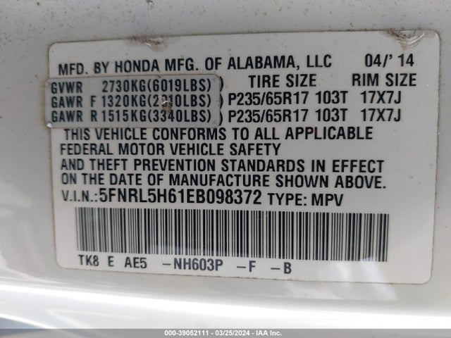 Honda Odyssey Ex-l 2014 5FNRL5H61EB098372 Image 9