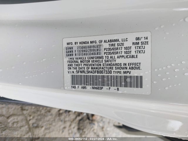 Honda ODYSSEY EX 2015 5FNRL5H43FB007330 Image 9