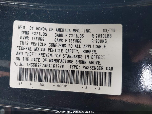 Honda ACCORD EX 2016 1HGCR2F79GA161729 Image 9