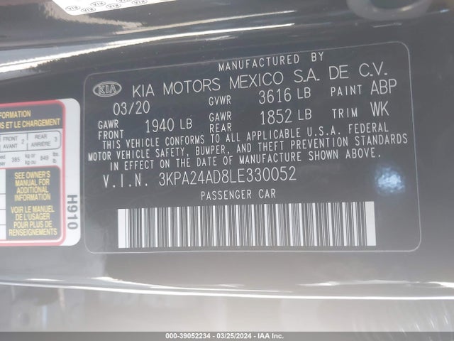 Aukcja sprzedaży 2020 Kia Rio S, vin: 3KPA24AD8LE330052, numer aukcji: 39052234