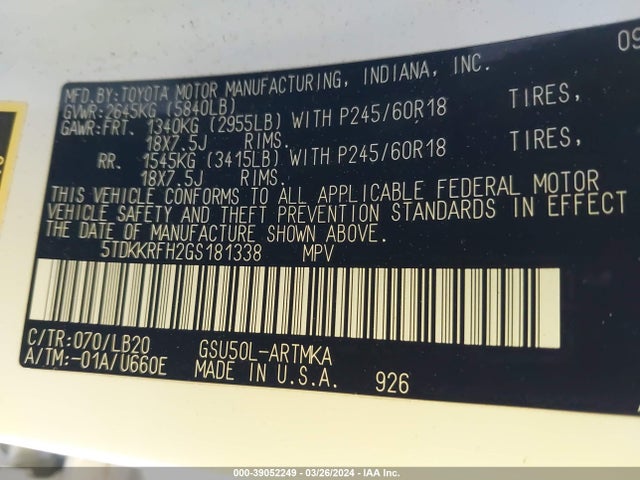 Toyota Highlander Xle V6 2016 5TDKKRFH2GS181338 Image 9