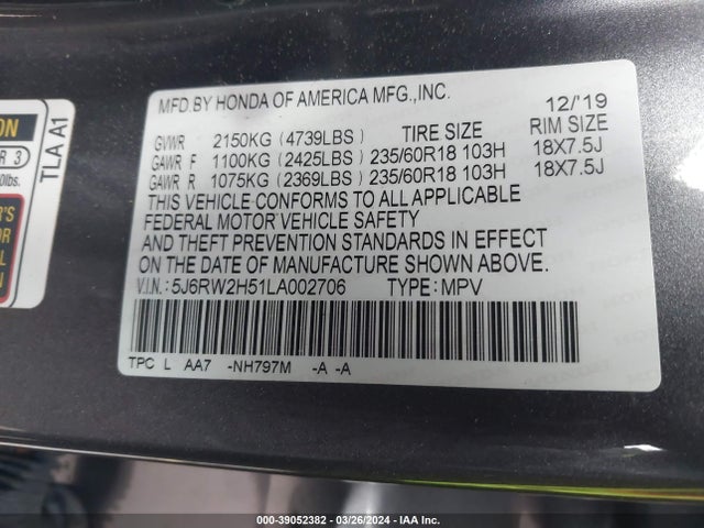 Honda Cr-v Awd Ex 2020 5J6RW2H51LA002706 Image 9