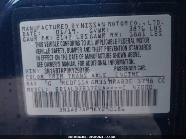 Nissan SENTRA SV 2019 3N1AB7AP9KY290186 Image 9