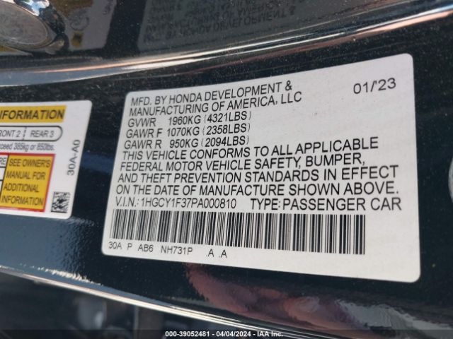 1HGCY1F37PA000810 Honda ACCORD EX