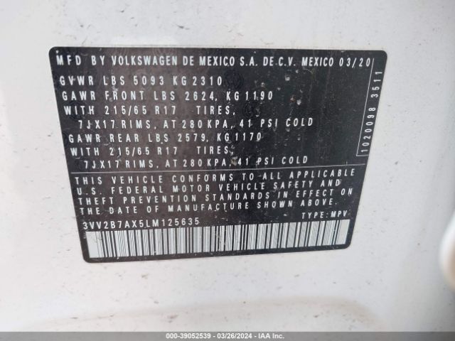 3VV2B7AX5LM125635 Volkswagen Tiguan 2.0t Se/2.0t Se R-line Black/2.0t Sel
