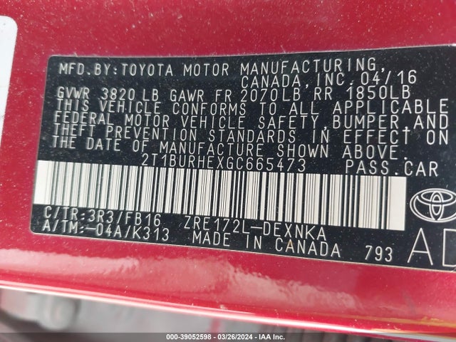 Toyota Corolla Le Plus 2016 2T1BURHEXGC665473 Image 9