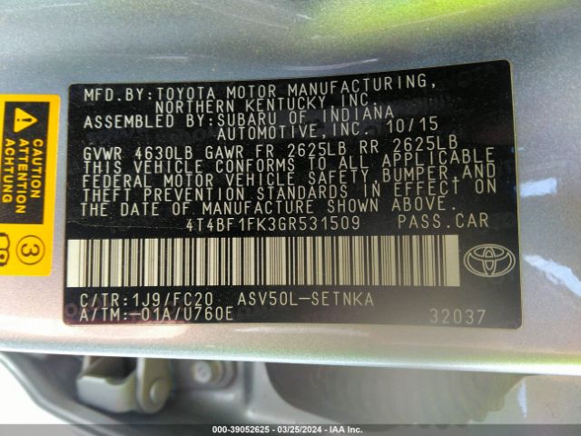 4T4BF1FK3GR531509 Toyota CAMRY LE