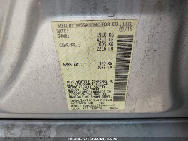 Nissan Altima 2.5 S 2015 1N4AL3AP7FC247764 Image 9