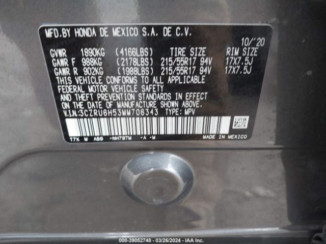 3CZRU6H53MM706343 Honda Hr-v Awd Ex