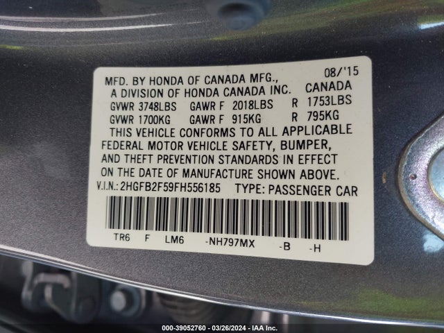 Honda Civic Lx 2015 2HGFB2F59FH556185 Image 9