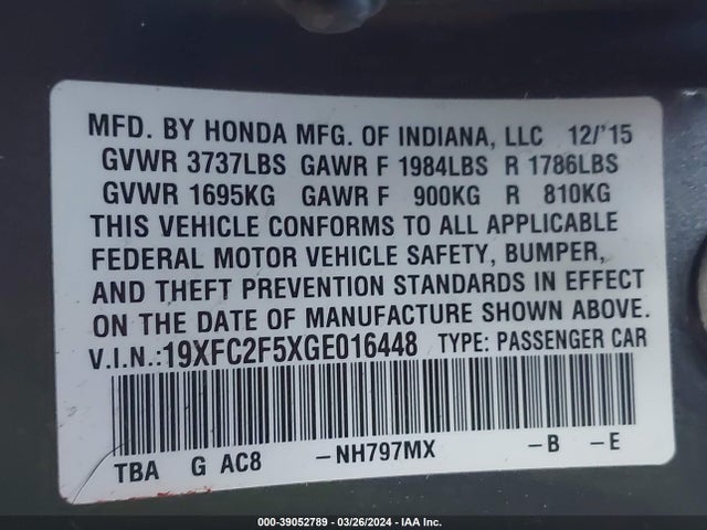 Honda Civic Lx 2016 19XFC2F5XGE016448 Image 9