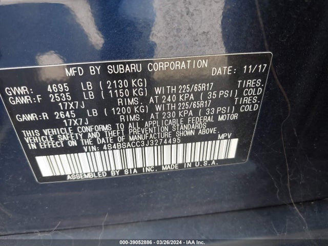Subaru Outback 2.5i Premium 2018 4S4BSACC3J3274495 Image 9