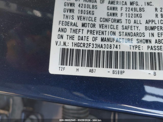 Honda ACCORD LX 2017 1HGCR2F33HA308741 Image 9