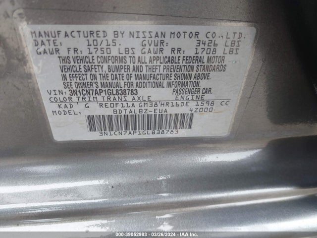 Nissan Versa 1.6 Sv 2016 3N1CN7AP1GL838783 Image 9