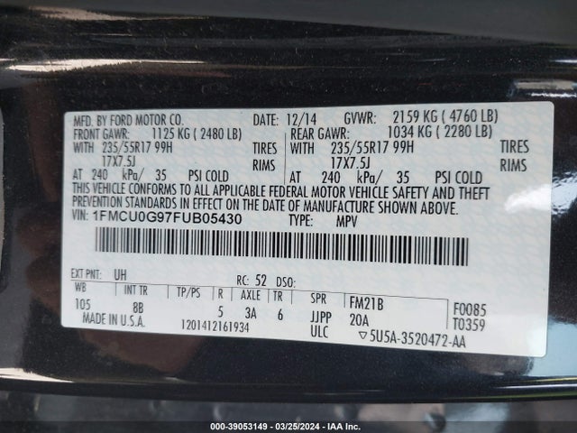 Ford ESCAPE SE 2015 1FMCU0G97FUB05430 Image 9