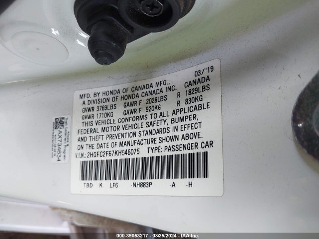 Honda Civic Lx 2019 2HGFC2F67KH546075 Image 9