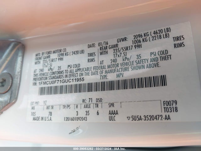 Ford ESCAPE S 2016 1FMCU0F71GUC11955 Image 9