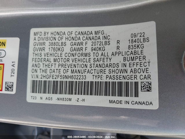 Honda Civic Sport 2022 2HGFE2F59NH602233 Image 9