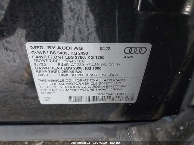 WA1FAAFY1N2110975 Audi Q5 Prestige 45 Tfsi S Line Quattro S Tronic