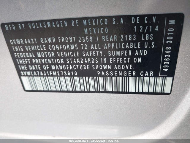 3VWLA7AJ1FM273610 Volkswagen Jetta 2.0l Tdi Se