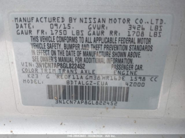 3N1CN7AP8GL822452 Nissan Versa 1.6 Sl