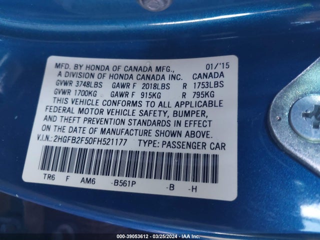 Honda Civic Lx 2015 2HGFB2F50FH521177 Image 9