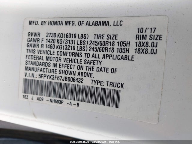 Honda Ridgeline Rtl-t 2018 5FPYK3F67JB006432 Image 9