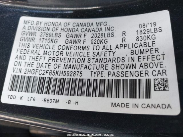 2HGFC2F65KH592875 Honda Civic Lx