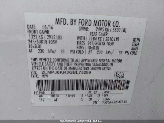 2LMPJ6KR3GBL75299 Lincoln Mkx Select