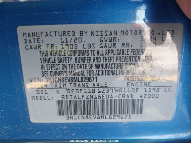 3N1CN8EV8ML829671 Nissan Versa Sv Xtronic Cvt