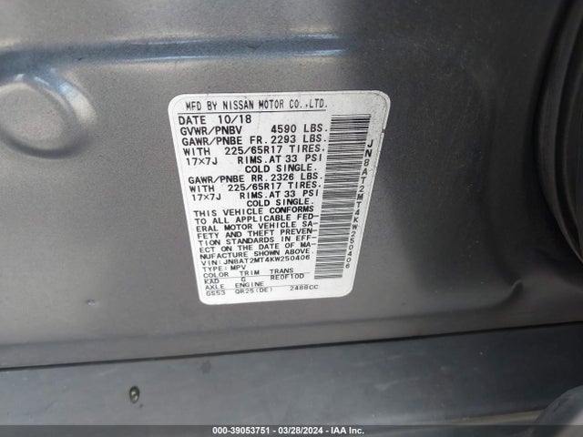 Nissan ROGUE SV 2019 JN8AT2MT4KW250406 Image 9