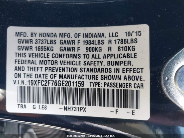 Honda CIVIC EX 2016 19XFC2F76GE201159 Image 9