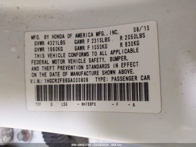 1HGCR2F96GA000806 Honda Accord Ex-l