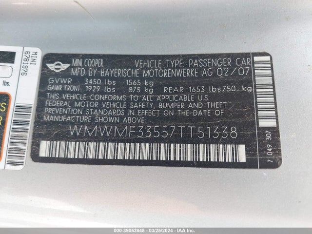 2007 MINI COOPER WMWMF33557TT51338 Photo 8