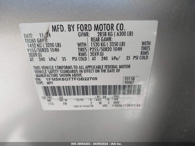 Ford EXPLORER SPORT 2015 1FM5K8GT7FGB22705 Image 9