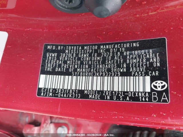 Toyota COROLLA LE 2019 5YFBURHE3KP932929 Image 9